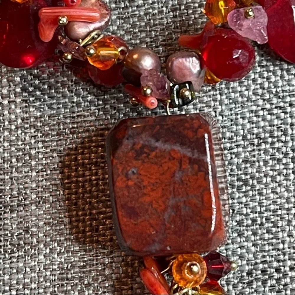 Handmade Red Agate, Coral, Freshwater Pearls, Amethyst &‎ Glass Beaded Necklace